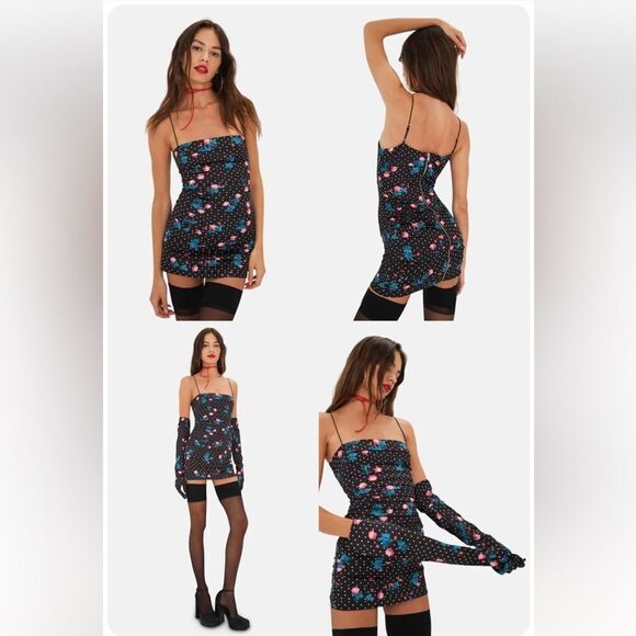 NWT For Love and Lemons posey mini dress black pink satin gloves M - Picture 5 of 13